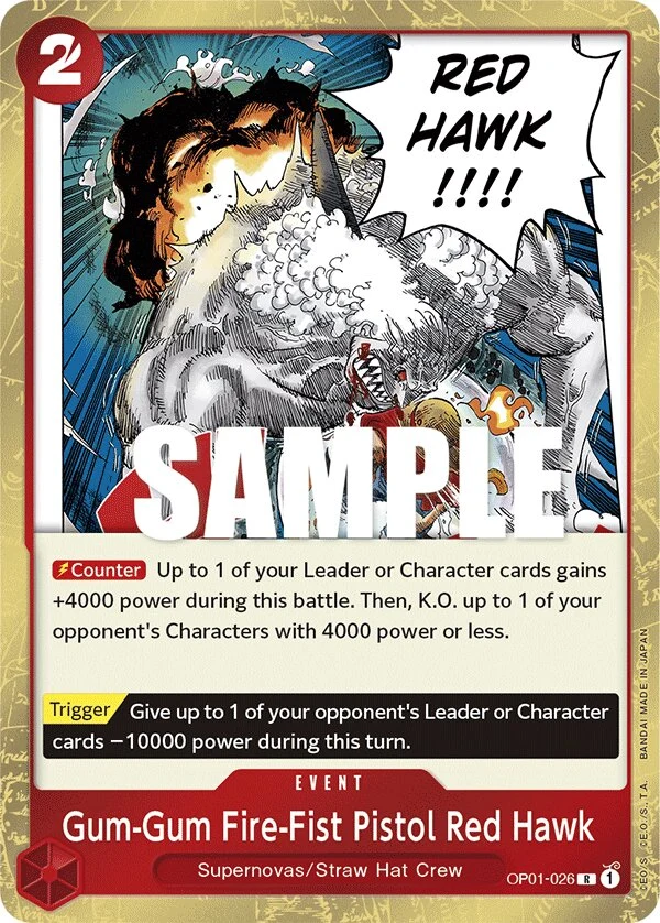 Carte One Piece anglaise Gum-Gum Fire-Fist Pistol Red Hawk OP01-026 R