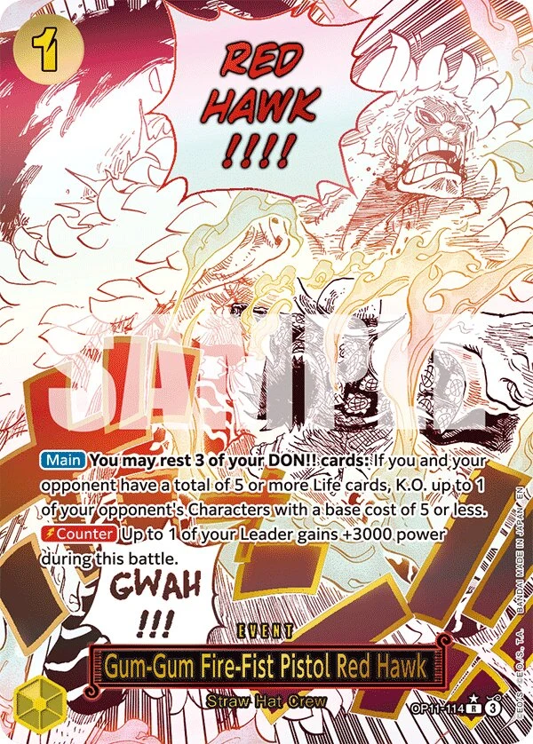 Carte One Piece anglaise Gum-Gum Fire-Fist Pistol Red Hawk OP11-114 R