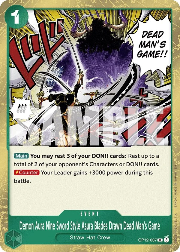 Carte One Piece anglaise Demon Aura Nine Sword Style Asura Blades Drawn Dead Man's Game OP12-037 R
