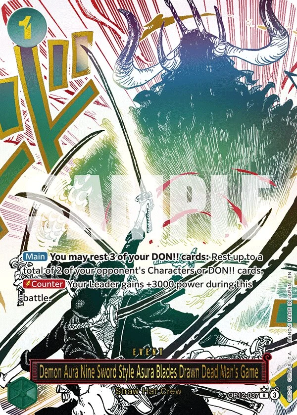 Carte One Piece anglaise Demon Aura Nine Sword Style Asura Blades Drawn Dead Man's Game OP12-037 R