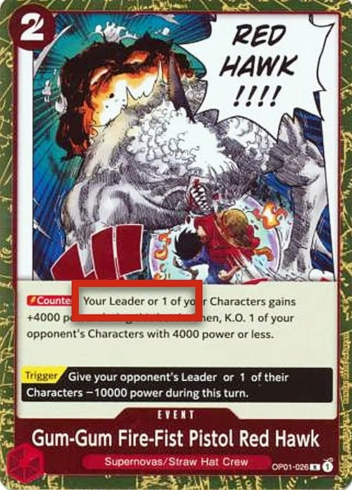 Carte One Piece anglaise OP01-026 Gum-Gum Fire-Fist Pistol Red Hawk