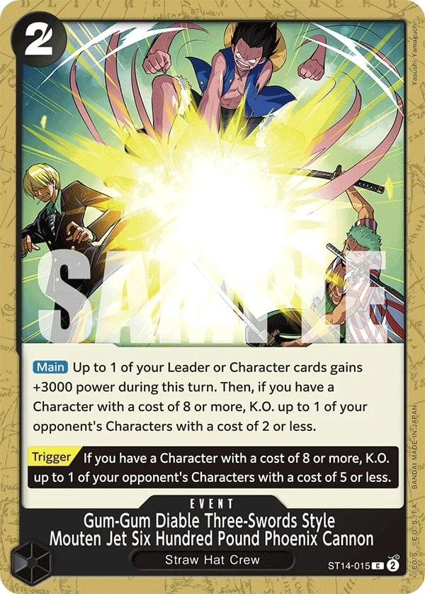 Carte One Piece anglaise Gum-Gum Diable Three-Swords Style Mouten Jet Six Hundred Pound Phoenix Cannon ST14-015 C