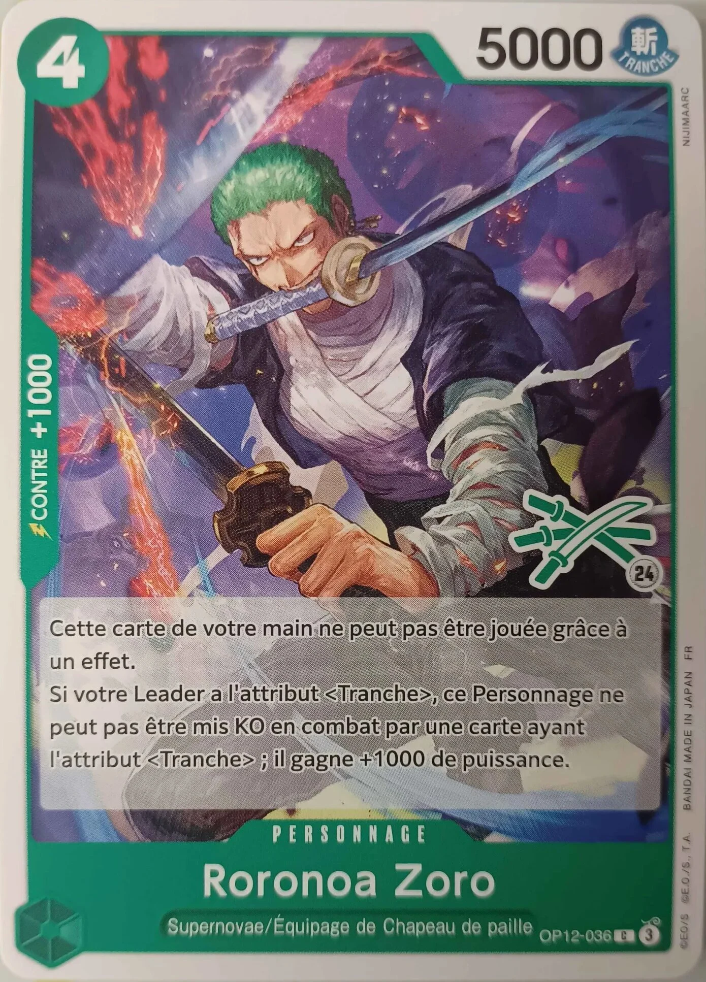 Carte One Piece française Roronoa Zoro OP12-036 C
