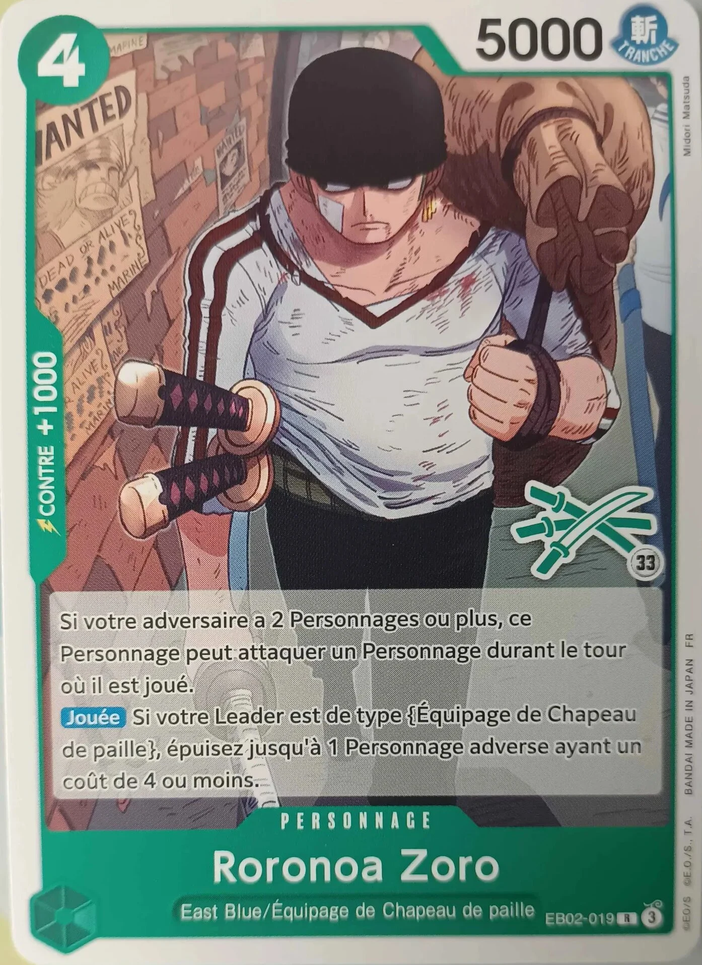 Carte One Piece française Roronoa Zoro EB02-019 R