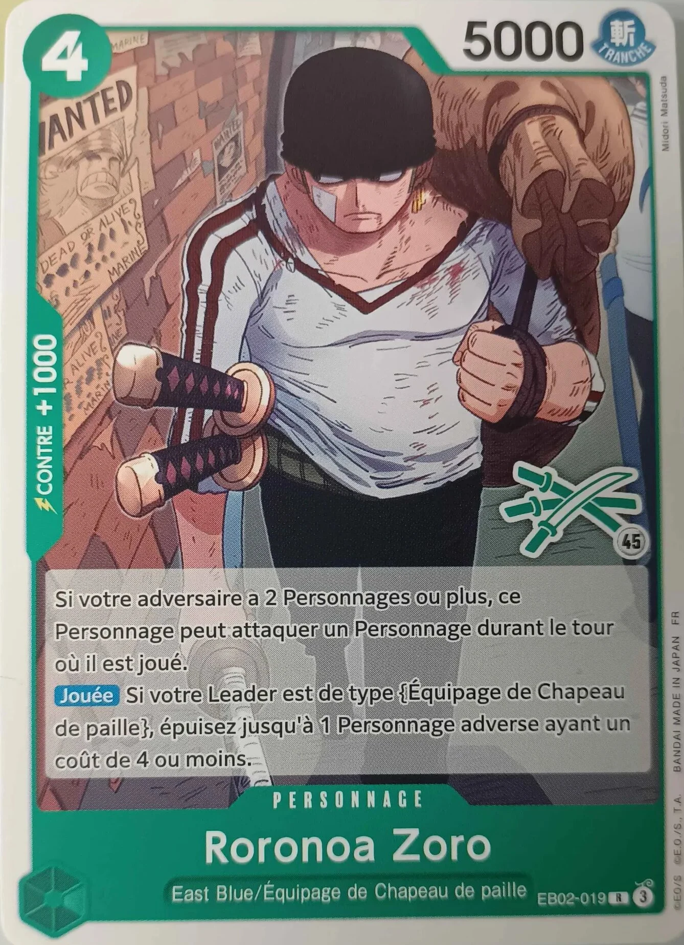 Carte One Piece française Roronoa Zoro EB02-019 R