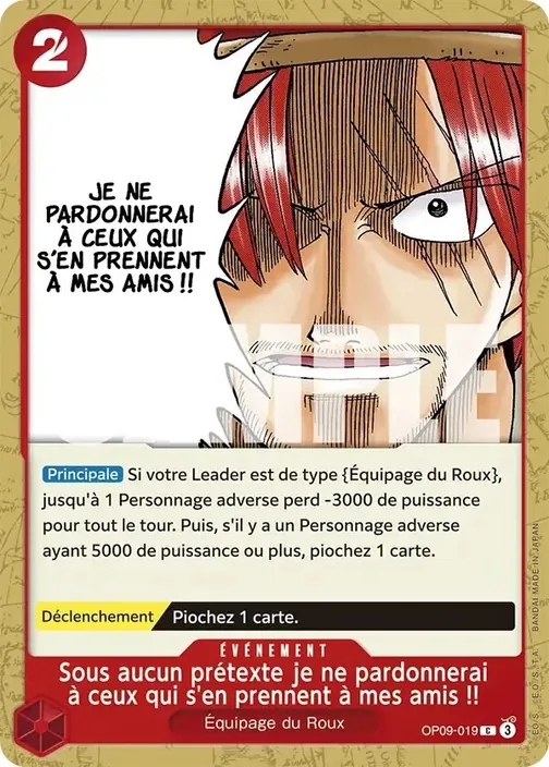 Carte One Piece française OP09-019 Sous aucun prétexte je ne pardonnerai à ceux qui s'en prennent à mes amis !!