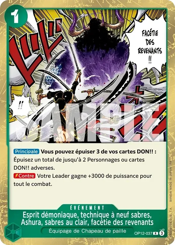 Carte One Piece française Esprit démoniaque, technique à neuf sabres, Ashura, sabres au clair, facétie des revenants OP12-037 R