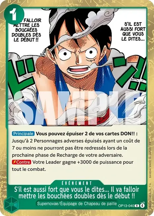 Carte One Piece française OP13-040 S'il est aussi fort que vous le dites... Il va falloir mettre les bouchées doubles dès le début !!