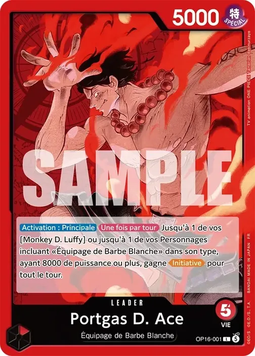 Carte One Piece française OP16-001 Portgas D. Ace