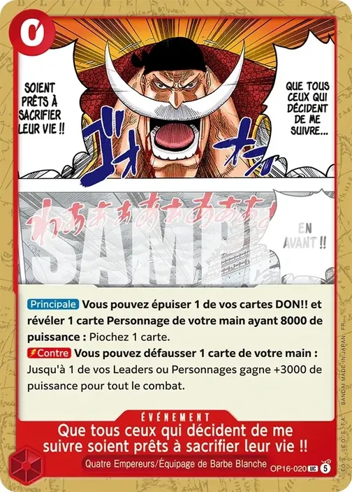 Carte One Piece française OP16-020 Que tous ceux qui décident de me suivre soient prêts à sacrifier leur vie !!