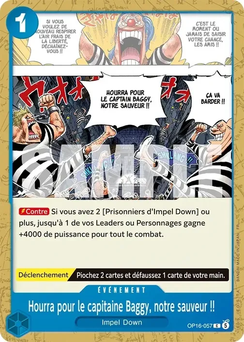 Carte One Piece française OP16-057 Hourra pour le capitaine Baggy, notre sauveur !!