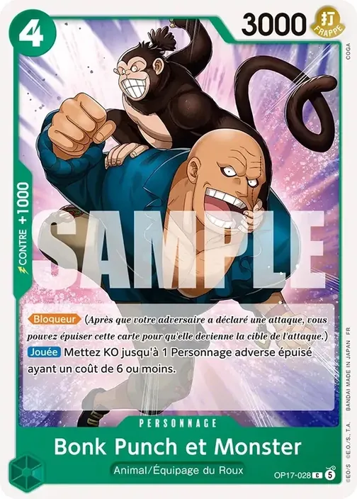Carte One Piece française OP17-028 Bonk Punch et Monster