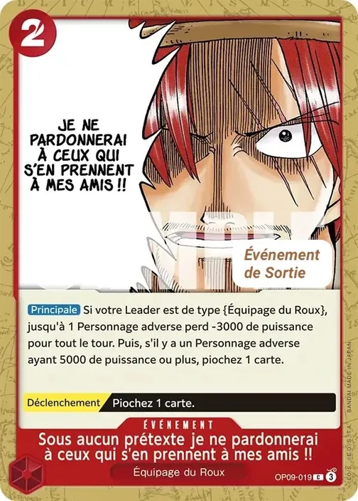 Carte One Piece française OP09-019 Sous aucun prétexte je ne pardonnerai à ceux qui s'en prennent à mes amis !!