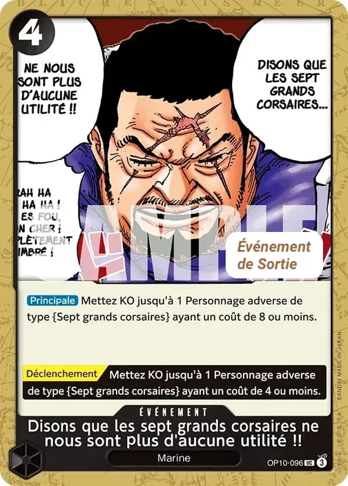Carte One Piece française OP10-096 Disons que les sept grands corsaires ne nous sont plus d'aucune utilité !!