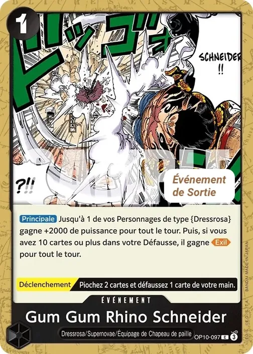 Carte One Piece française OP10-097 Gum Gum Rhino Schneider