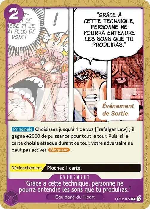 Carte One Piece française OP12-077 "Grâce à cette technique, personne ne pourra entendre les sons que tu produiras."