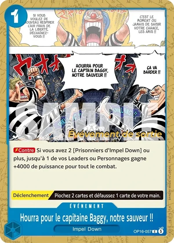 Carte One Piece française Hourra pour le capitaine Baggy, notre sauveur !! OP16-057 C