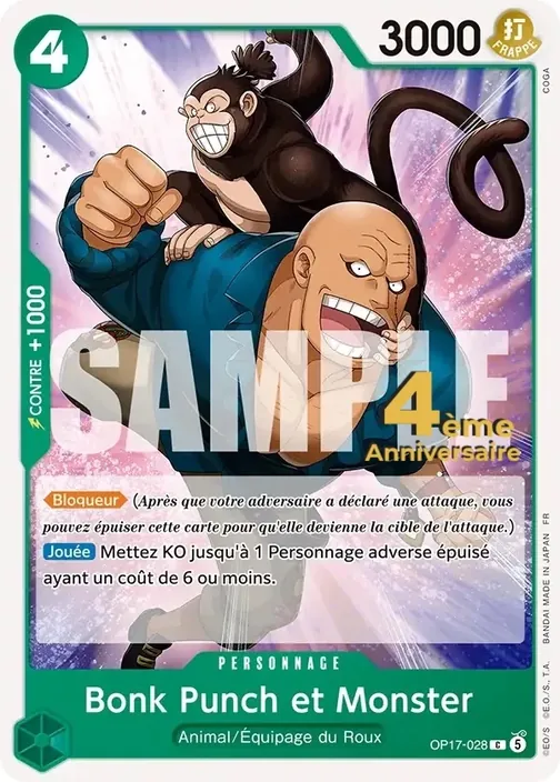 Carte One Piece française OP17-028 Bonk Punch et Monster