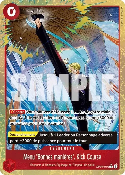 Carte One Piece française OP04-016 Menu "Bonnes manières", Kick Course (version 2)