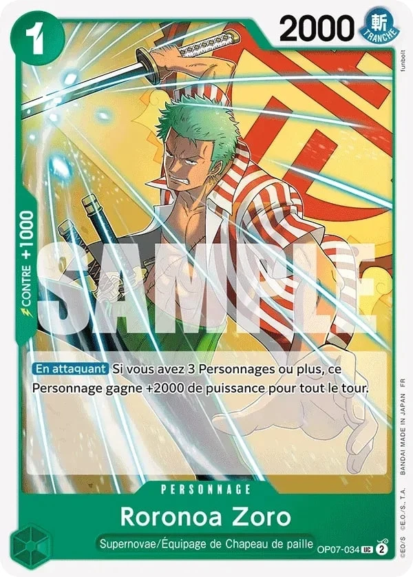 Carte One Piece française Roronoa Zoro OP07-034 UC