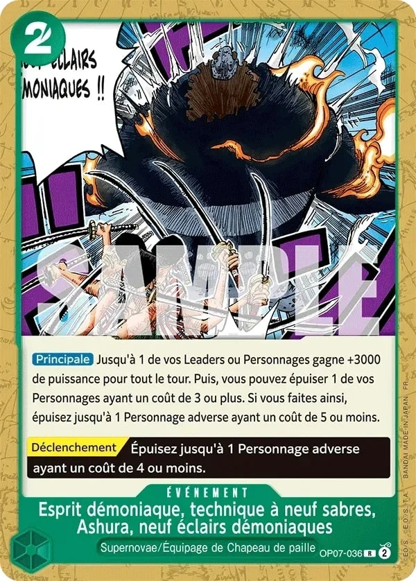 Carte One Piece française Esprit démoniaque, technique à neuf sabres, Ashura, neuf éclairs démoniaques OP07-036 R
